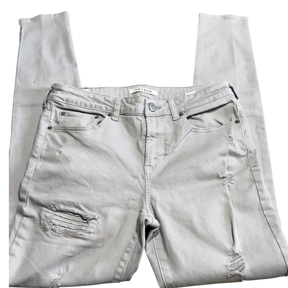 PacSun Stacked Skinny Mens 31x32 Light Grey Distressed Ripped Stretch Jeans